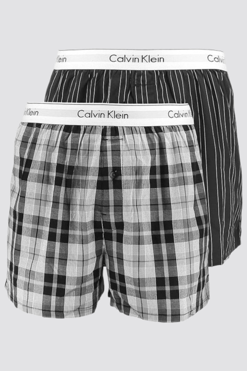 Calvin Klein 2 Pack Woven Boxers - Ryan Striped Well/Hickory Plaid